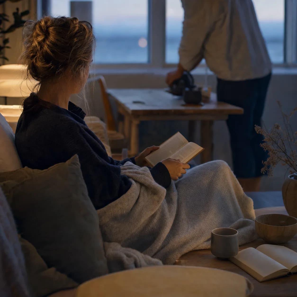 A quiet evening at home with a book, a warm drink and a soft blanket