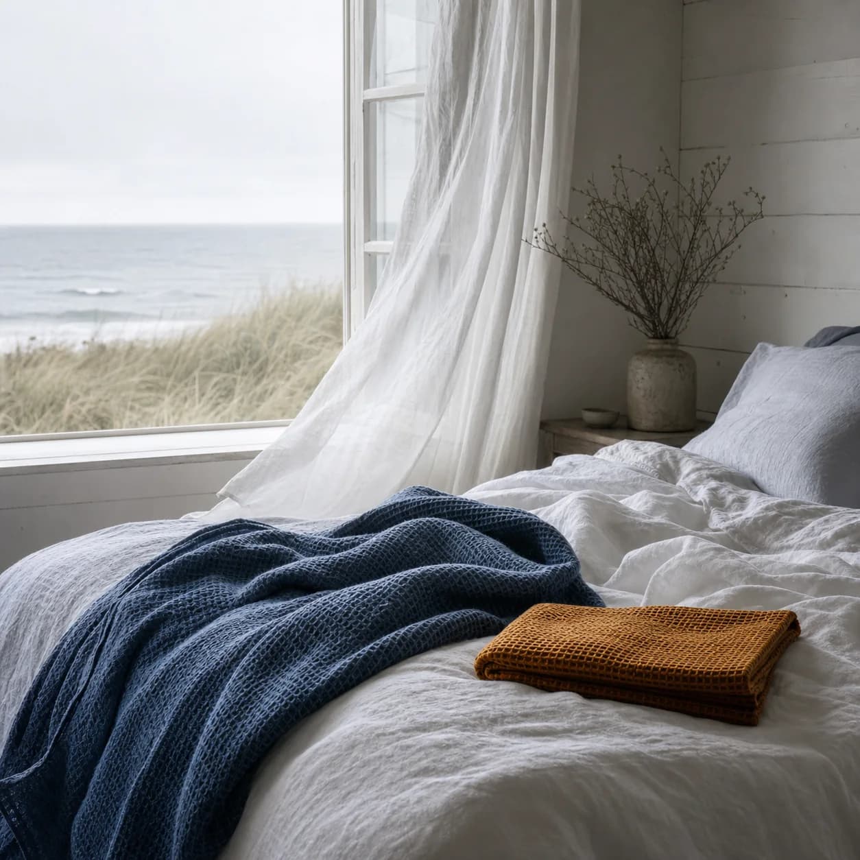 A navy open-weave blanket and a folded ochre blanket in a calm coastal bedroom