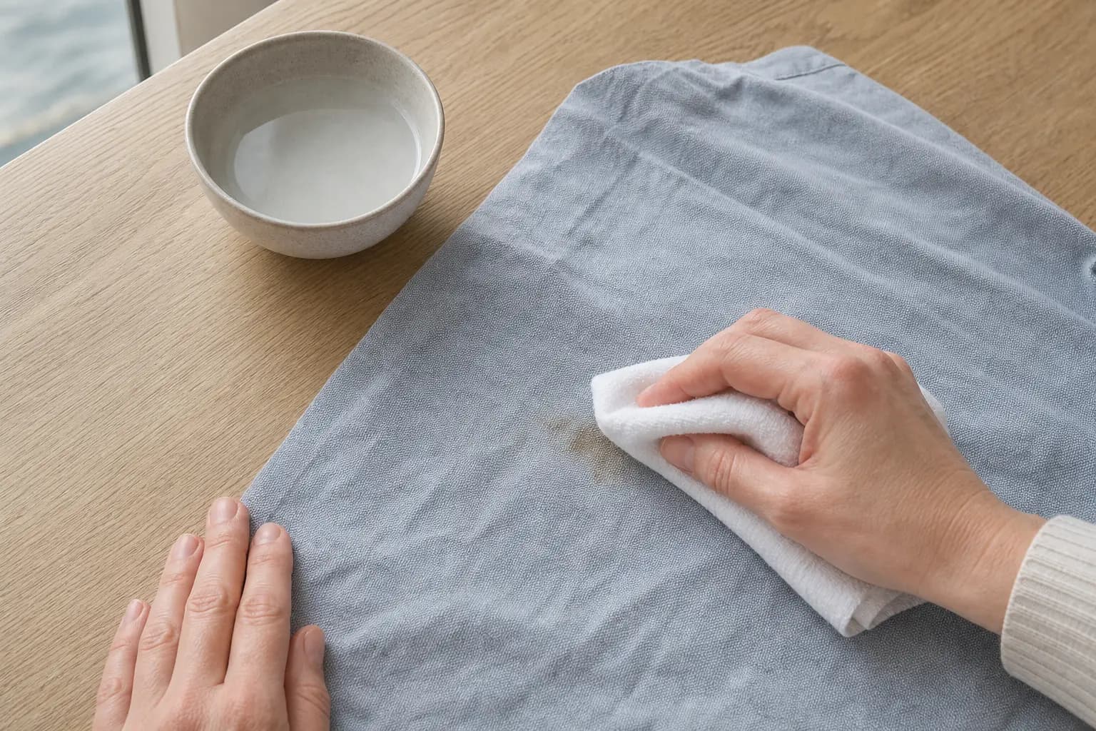 Mani che tamponano delicatamente un piccolo versamento su una coperta chiara