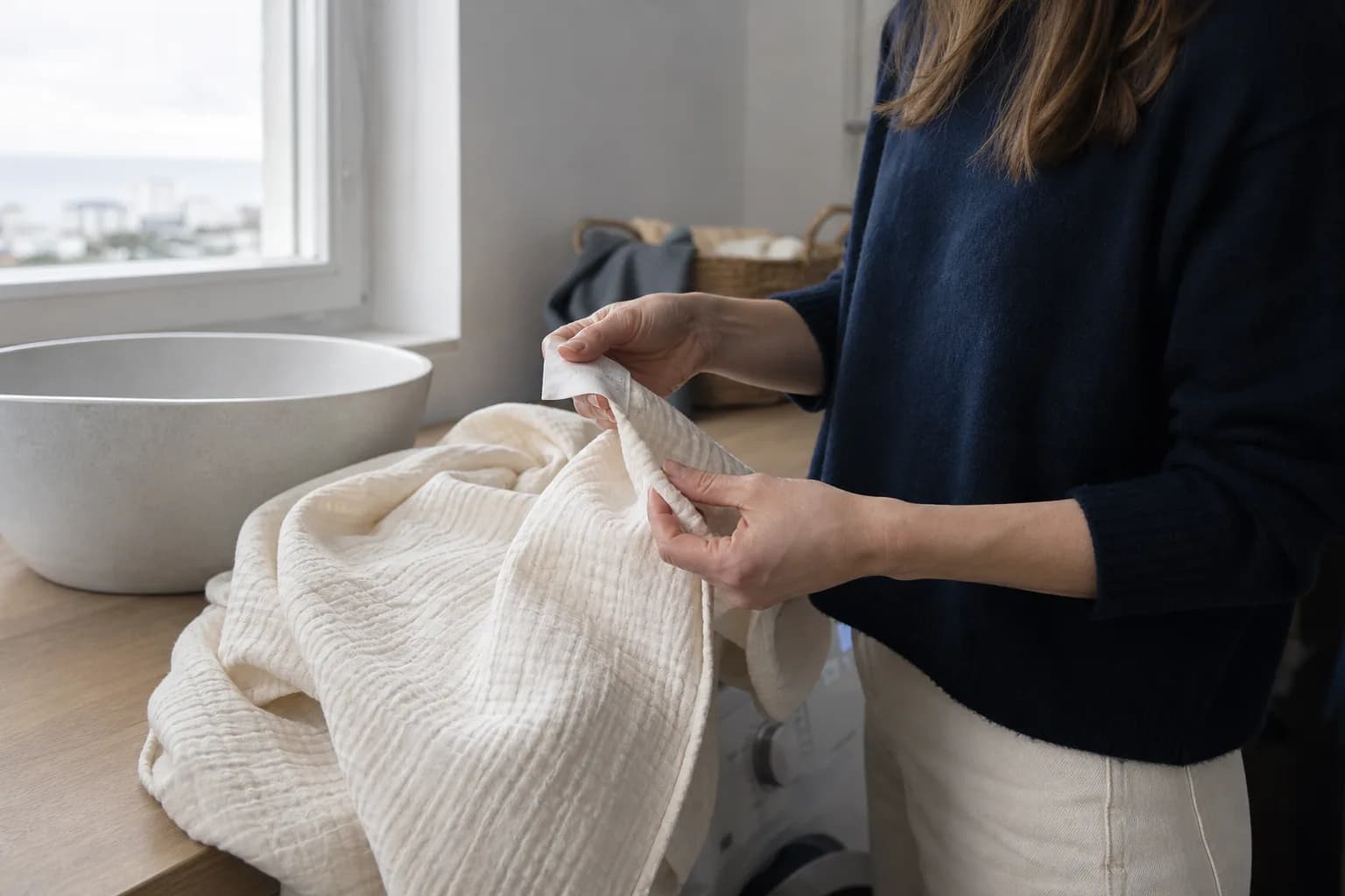 Mani che controllano l'etichetta di una coperta color crema prima del lavaggio