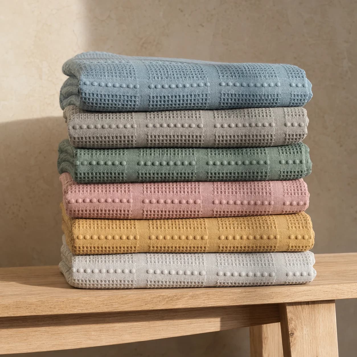 Sei coperte waffle in cotone in una palette di colori equilibrata