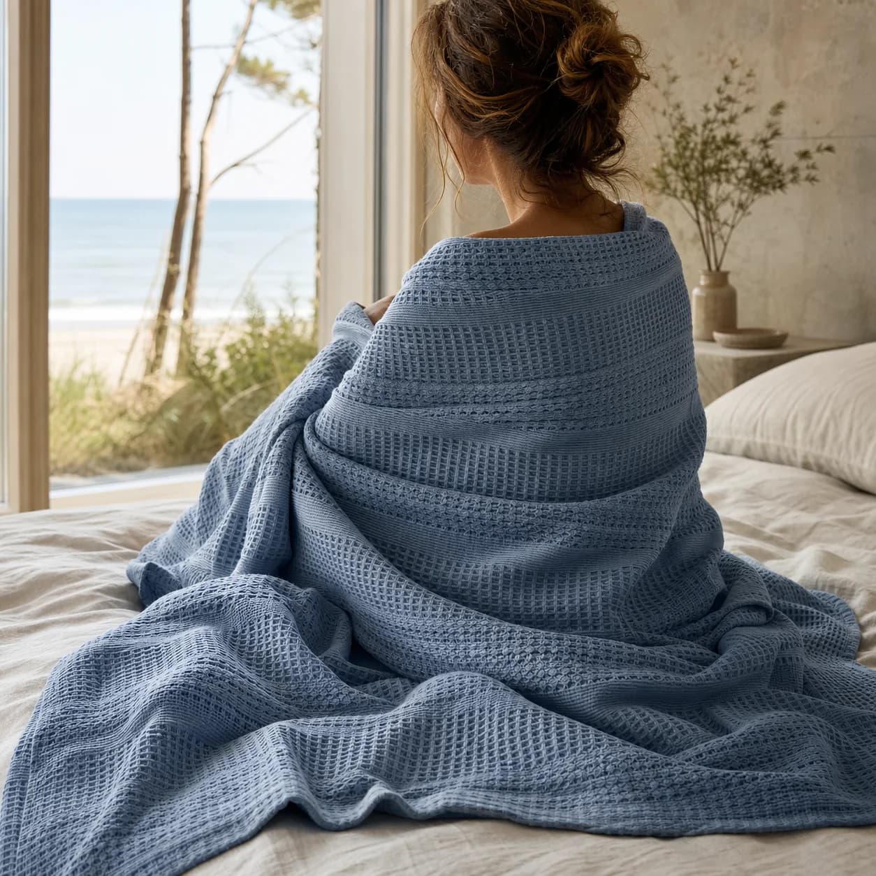 Una persona avvolta in una coperta waffle in cotone blu tenue accanto a una finestra
