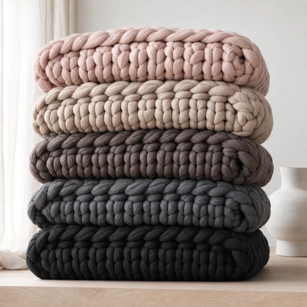 Cinque proposte colore per la coperta ponderata intrecciata a mano, impilate