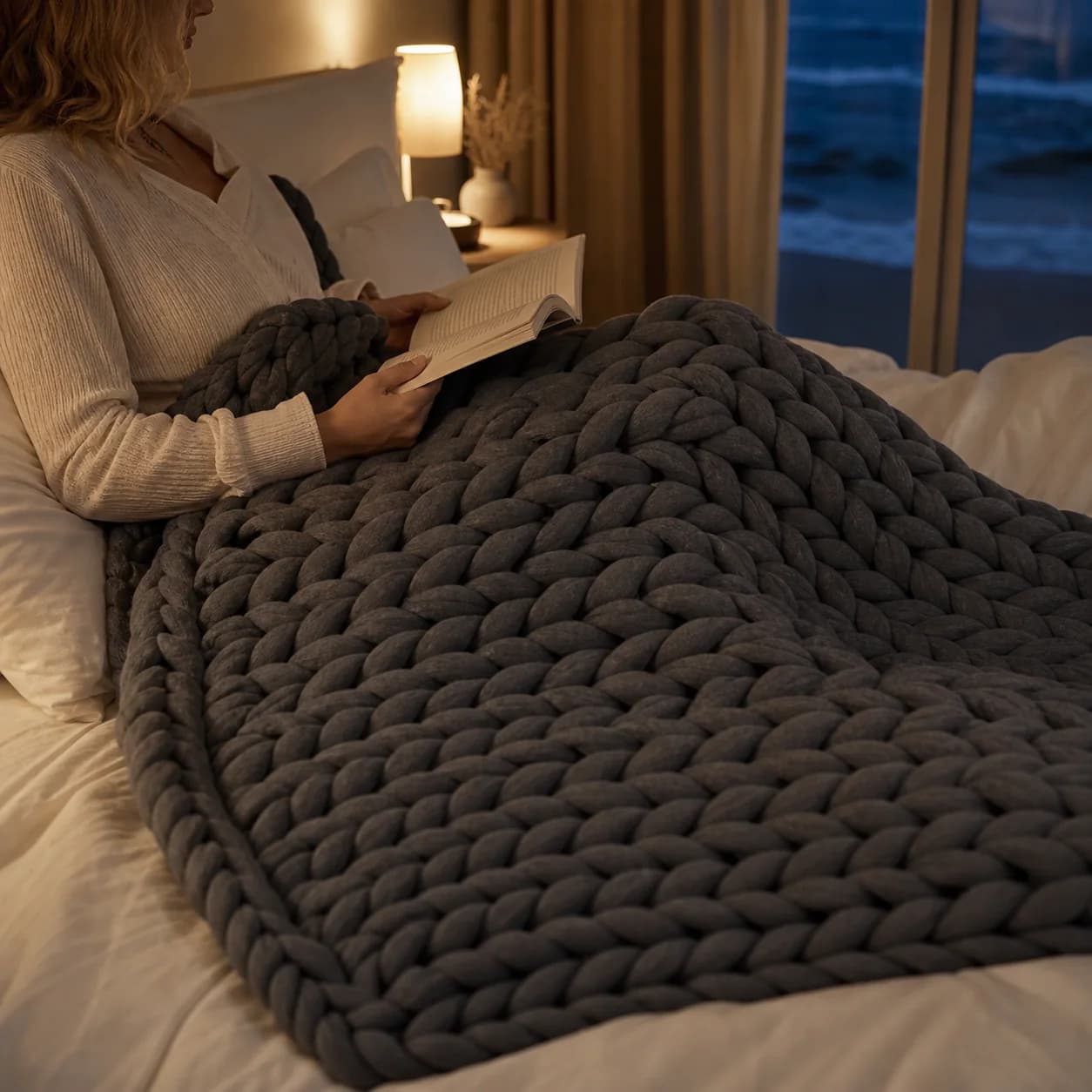 Persona che legge accanto a una coperta ponderata grigia intrecciata a mano in un ambiente serale