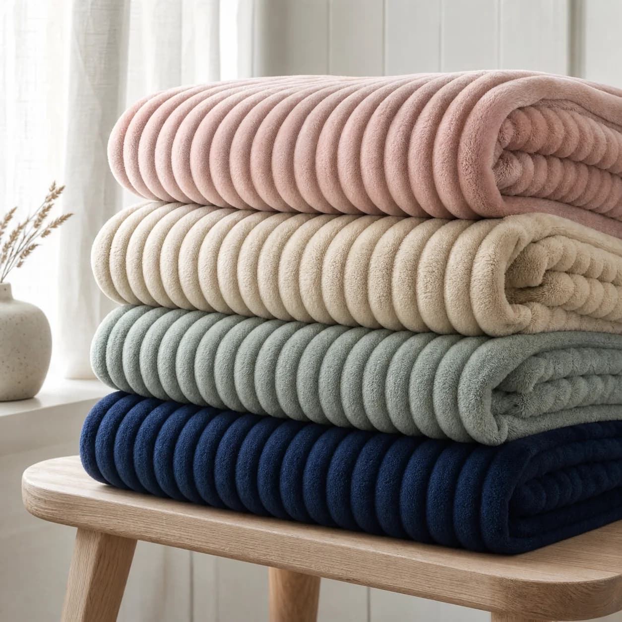 Quattro studi colore di coperte a coste in blu navy, salvia, beige e rosa