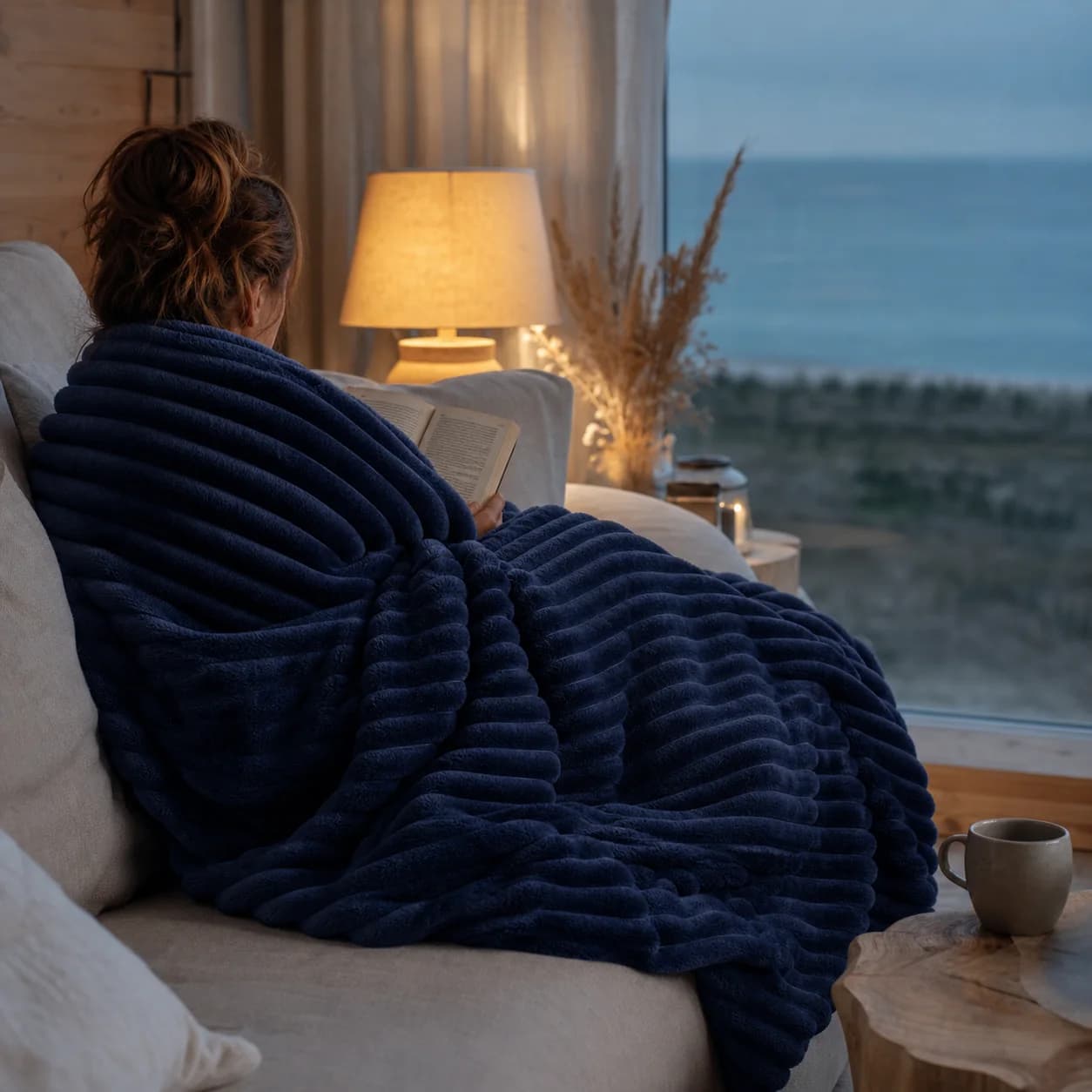 Una persona legge sul divano sotto una coperta a coste blu navy intenso
